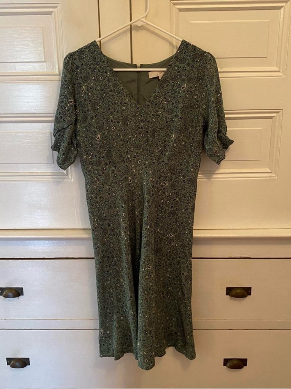 LOFT Green Short-Sleeve V-Neck Midi Dress